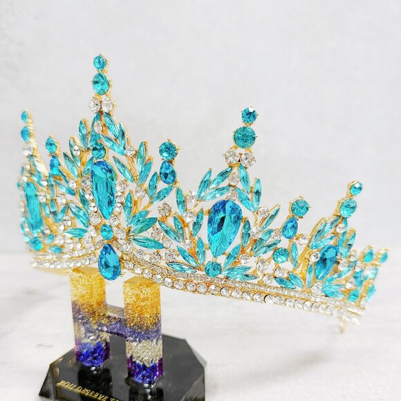 bridal headpiece, ocean blue crystal, princess tiara, gold tiara, fairy crown main image 7